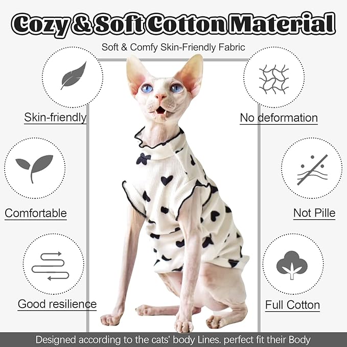 DENTRUN Heart Pattern Sphynx Hairless Cats Shirt, Kitten T-Shirts with Perlin Sleeves, Breathable Cat Wear Cute Sweater Adorable Hairless Cat's Clothes Vest Pajamas Jumpsuit