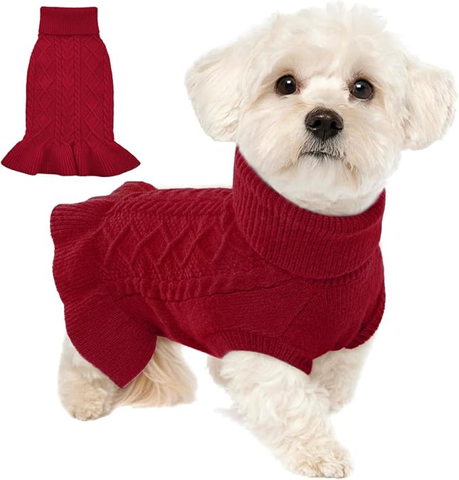 Lelepet Dog Sweater Turtleneck Knitwear Sweatshirt Cable Knit Warm Dress for Small Medium Large Dogs Puppy Fall Sweater, Yorkie, Maltese, S, Red