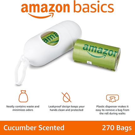 Amazon Basics Dog Poop Bags with Dispenser, 270 Count, Enhanced for Guaranteed Leakproof, Cucumber Scented, Includes Leash Clip