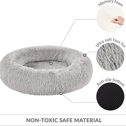 Friends Forever Serena Donut Memory Foam Orthopedic Dog Bed, Soft Faux Fur Oval Cat Couch For Indoor Pet, Fluffy Calming Plush Shag, Round Raised Bolster Cushion, Machine Washable Cuddler, Grey