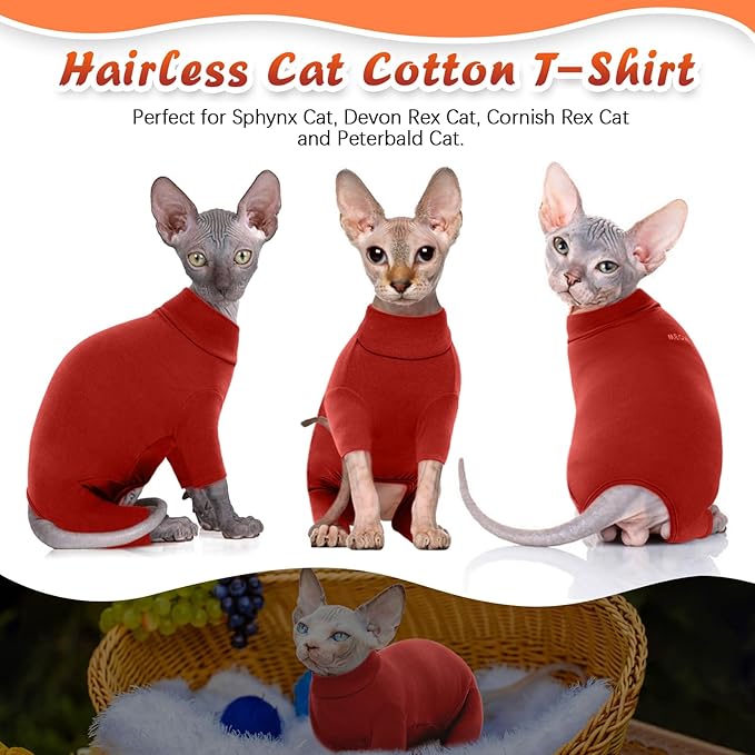ROZKITCH Hairless Cat Clothes, Breathable Soft Cat Jumpers for Cats Only, Cat Coat with Four Legs, Warm Cat Sweater Cat T-Shirt Cat Pajamas Jumpsuit Vest Cornish Rex Devon Rex Peterbald Red M