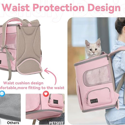 PETSFIT Pet Carrier Backpack with Upgraded Waist Protection, Cat Carrier Backpack Designed for Small Dogs/Cats, Fully Ventilated Collapsible Dog Backpack for Outdoor Traveling Hiking Camping, Pink