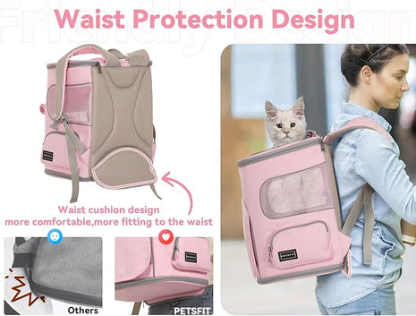 PETSFIT Pet Carrier Backpack with Upgraded Waist Protection, Cat Carrier Backpack Designed for Small Dogs/Cats, Fully Ventilated Collapsible Dog Backpack for Outdoor Traveling Hiking Camping, Pink