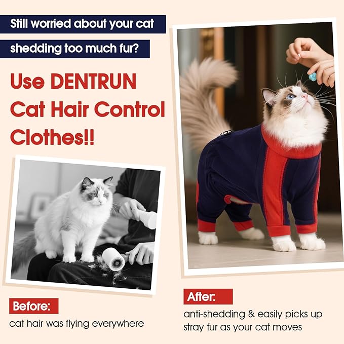 DENTRUN Cat Clothes with Anti-Shedding Fabric - Soft Recovery Suit & Breathable Lint-Resistant Cat Sweater for Wound Care & Hair Control, Kitten Onesie Pajamas, XS, Dark Blue