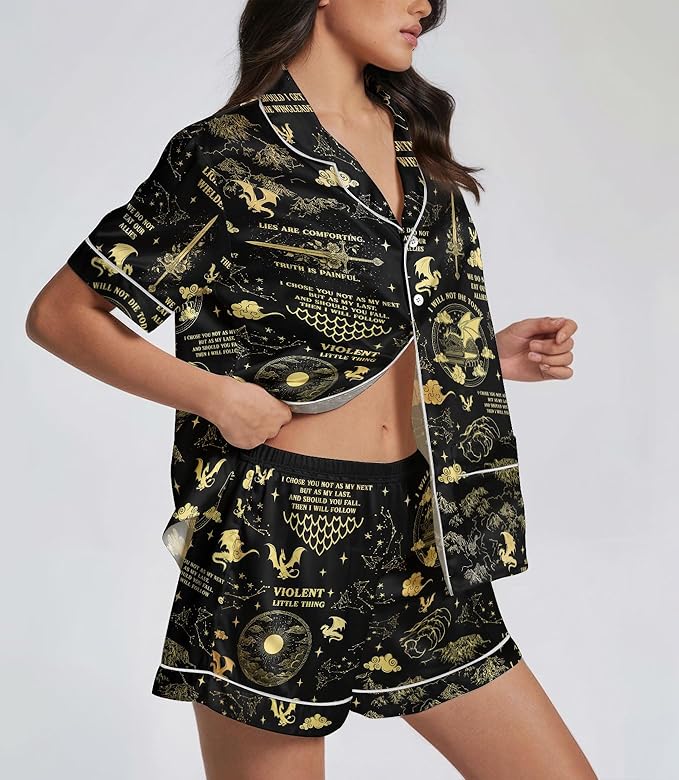 Women’s Silk Satin Pajama Set, Short Sleeve Button Down 2 Piece PJs with Shorts, Cozy Loungewear & Matching Holiday Pajamas