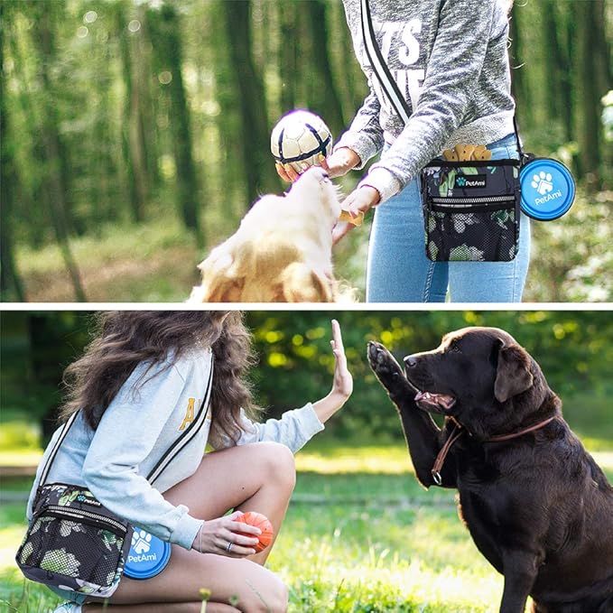 PetAmi Dog Treat Pouch, Pet Treat Pouch for Training, Dog Walking Bag Holder for Kibbles, Pet Food Toy, Dog Trainer Essentials Supplies, Poop Bag Dispenser, 3 Ways to Wear (Floral Grey)