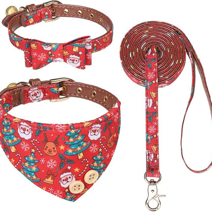EXPAWLORER Christmas Dog Collar and Leash Set - Adjustable Collars with Bow Tie, Bandana, and Bell for Small, Medium, Large Dogs and Cats - Tangle Free Leash - Perfect for Pets