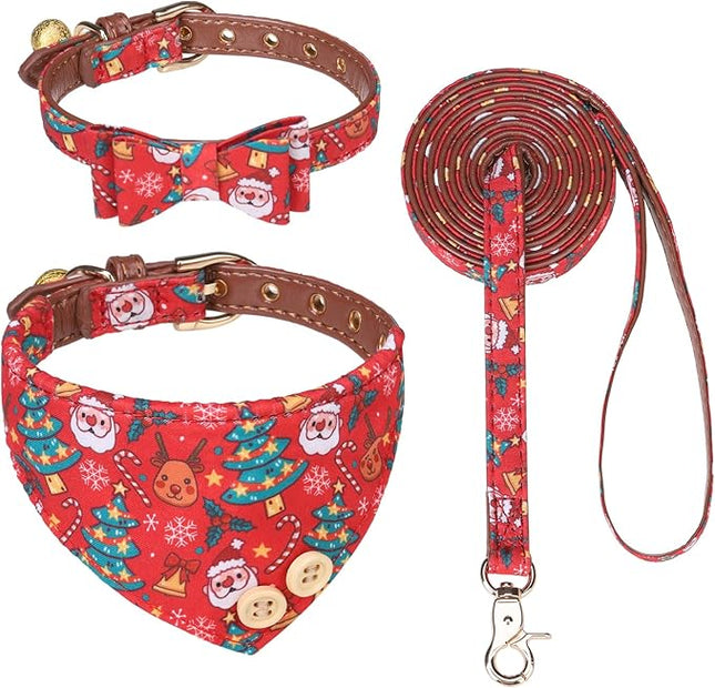 EXPAWLORER Christmas Dog Collar and Leash Set - Adjustable Collars with Bow Tie, Bandana, and Bell for Small, Medium, Large Dogs and Cats - Tangle Free Leash - Perfect for Pets