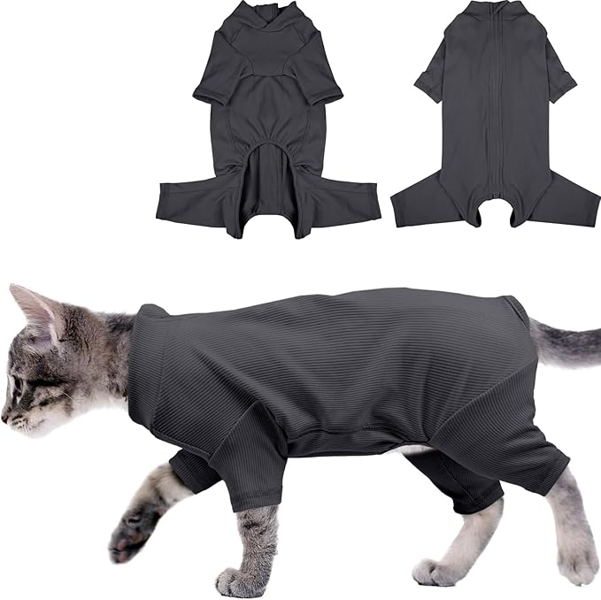 Sticky Hair Cat Clothes, Breathable & Lightweight, Reduces Shedding Fur Pajamas, Full Body Long Sleeve Surgical Bodysuit, Stop Licking & Shedding,Darkgrey,2XL