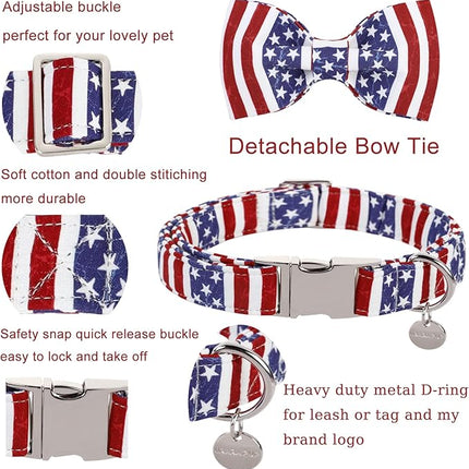 Dog Collar With Bow Tie, 4th of July Comfortable Cotton, American Flag for Medium Girl Boy, Patriotic Bowtie With Metal Buckle, M