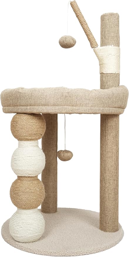 30-in Small Cat Tree Tower with Sisal Scratching Posts, Padded Platform, Dangling Toy - Perfect Small Cat Tower for Indoor Cats - Beige
