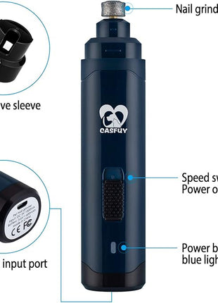 Casfuy Dog Nail Grinder Upgraded - Professional 2-Speed Electric Rechargeable Pet Nail Trimmer Painless Paws Grooming & Smoothing for Small Medium Large Dogs & Cats(Dark Blue)