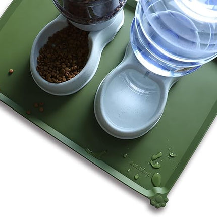 Hoki Found Large Silicone Pet Food Mats Tray - Waterproof Dog Pet Cat Feeding Mat - Non Slip Pet Dog Cat Food Bowl Mats Placemat -Pet Water Mats for Carpet - Dark Olive
