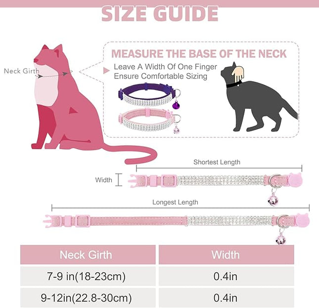 EXPAWLORER Soft Velvet Safe Cat Collars for Girl Cats -2 Pack Rhinestones Bling Diamante Adjustable Collars Breakaway- Chirstmas Cat Clollar Gifts with Bells for Boy Cats Kitty and Small Dogs