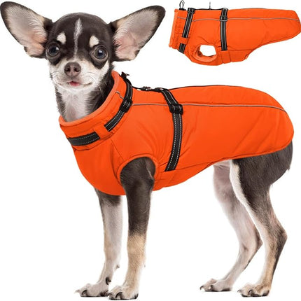 Lelepet Dog Winter Coat Waterproof Dog Jacket with Harness Built in Windproof Reflective Pet Coats for Small Medium Large Dogs, Thermal Fleece Lined Coats for Cold Weather Walking Hiking, Orange, S