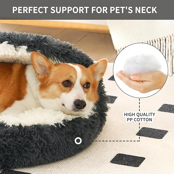 Dog Bed Round Hooded Plush Cat Cave Self Warming Pet Bed Donut Anti Anxiety Fluffy Pet Bed for Puppy and Kitty