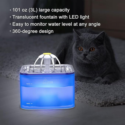 Crystal Cat Water Fountain Stainless Steel with 4 Filters and 4 Sponges, 101oz/3L Pet Fountain with LED Light for Cats and Dogs (Blue)