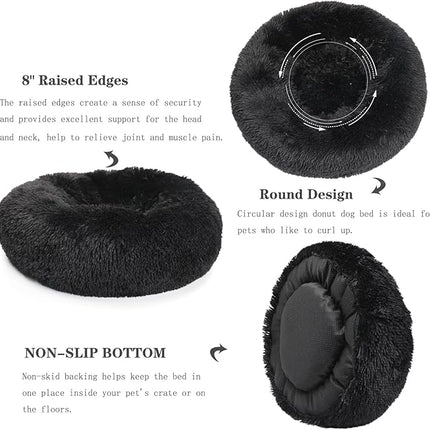 Black Dog Beds for Medium Dogs Washable Calming Bed for Dogs 28 Inches Black Calm and Anti Anxiety Faux Fur Round Medium Sized Pet Bed