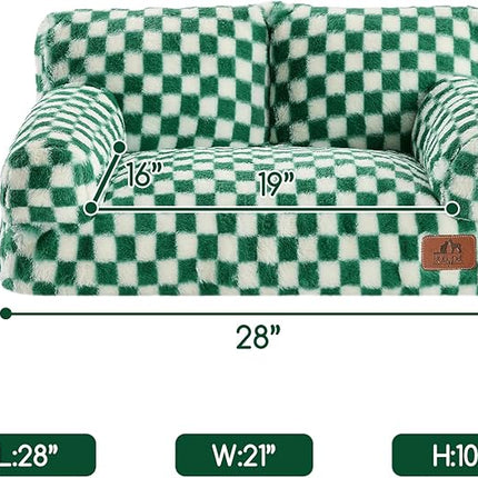 Hollypet Fluffy Plush Pet Cat Couch Soft Calming Pet Sofa Beds for Medium Small Cats and Dogs, Forest Green and White