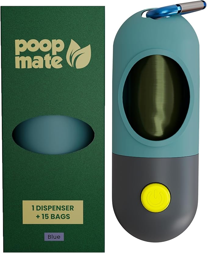 Dog Poop Bag Dispenser with LED Flashlight for Night Walks – Leash Clip & Metal Carabiner – Pet Waste Bag Holder Includes 1 Roll (15 Dog Poop Bags) – Durable, Portable – Blue