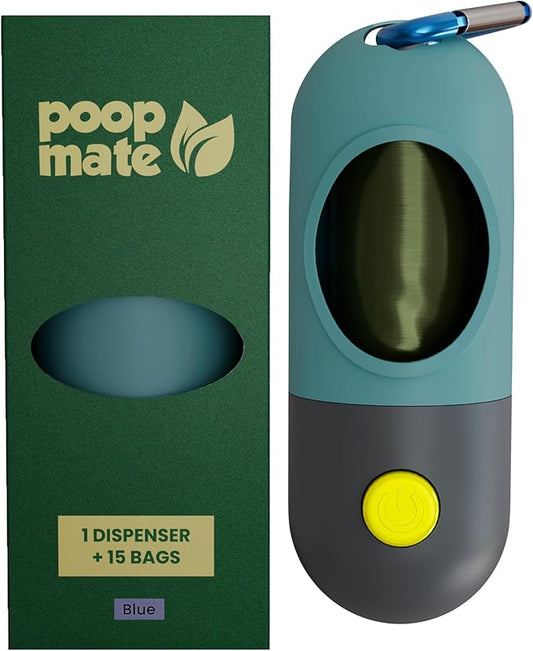 Dog Poop Bag Dispenser with LED Flashlight for Night Walks – Leash Clip & Metal Carabiner – Pet Waste Bag Holder Includes 1 Roll (15 Dog Poop Bags) – Durable, Portable – Blue