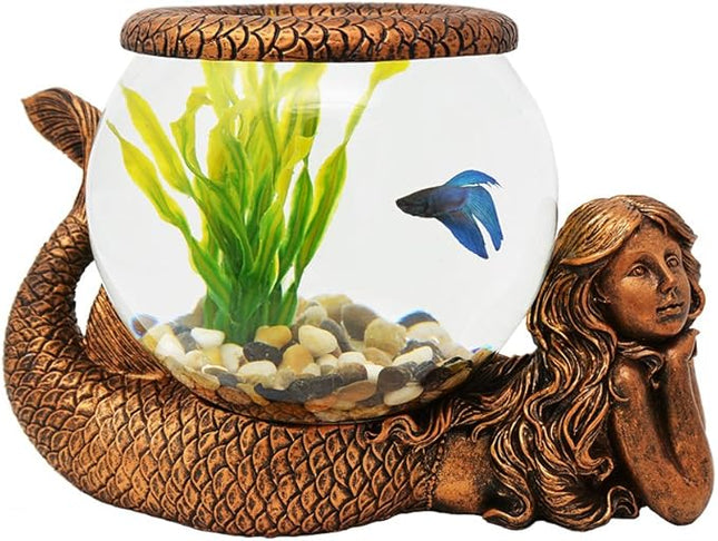 Mystical Mermaid Decorative Fish Bowl – 1 Gallon Glass Aquarium, Terrarium, or Candle Holder | Gold Antiqued Mermaid Figurine with Bowl, Accent Ring & River Rocks – Tabletop Home Décor Gift