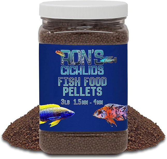 RON'S CICHLIDS Adult African Cichlid Fish Food Pellets – USA Made Slow Sinking Cichlid Pellets & Sticks Feed, Low Fillers, Ideal for Cichlid Food, Koi, Goldfish, Pleco, Oscar & Tropical Fish, 3 LB