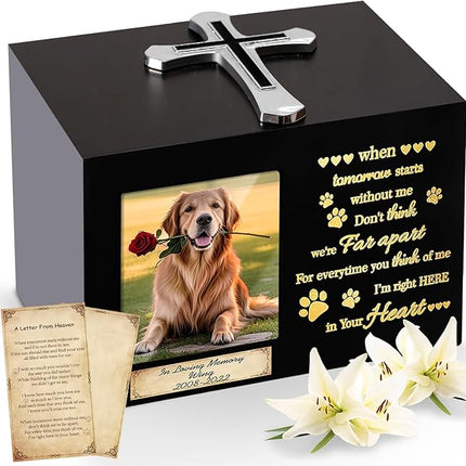 Handmade Pet Urns for Dog or Cat,Wooden Waterproof Memorial Pet Keepsakes Urns,Pet Ashes Box with Photo Frame,Decorative Cross, Honoring Your Beloved Pets,Pet Sympathy Remembrance Gift