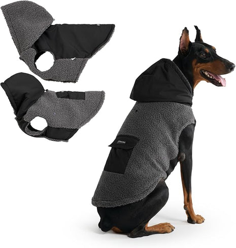 Spark Paws Reversible Fleece Dog Jacket, Hooded Sweater Vest, Warm Coat for Winter - Suitable for Small Medium Large XL XXL Dogs - Black and Grey - 3XL