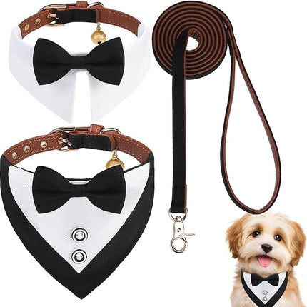 EXPAWLORER Dog Collar and Leash Set - Dog Tuxedo Wedding Outfit Puppy Collar with Suit and Tie, Cute Ring Bearer in Tux Bow and Bandana Design, Proposal Costume for Small Pets