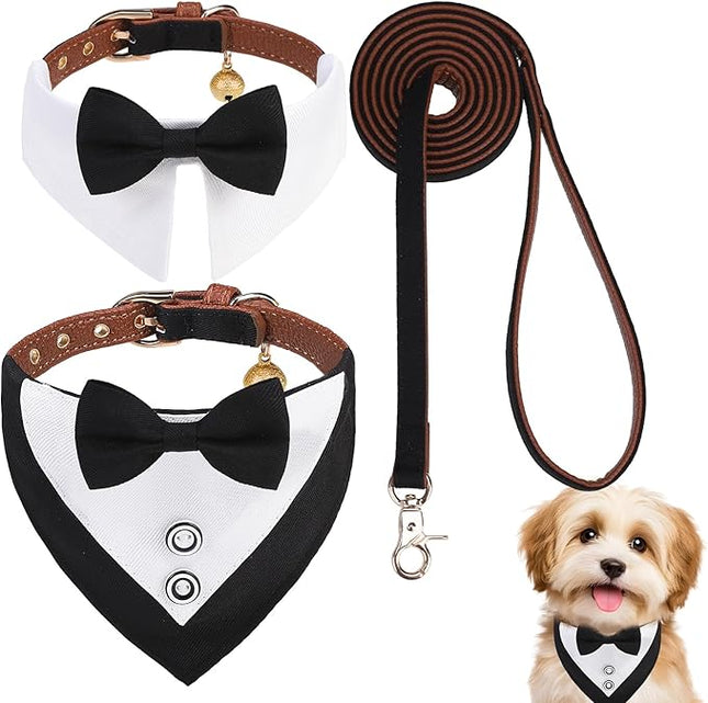 EXPAWLORER Dog Collar and Leash Set - Dog Tuxedo Wedding Outfit Puppy Collar with Suit and Tie, Cute Ring Bearer in Tux Bow and Bandana Design, Proposal Costume for Small Pets