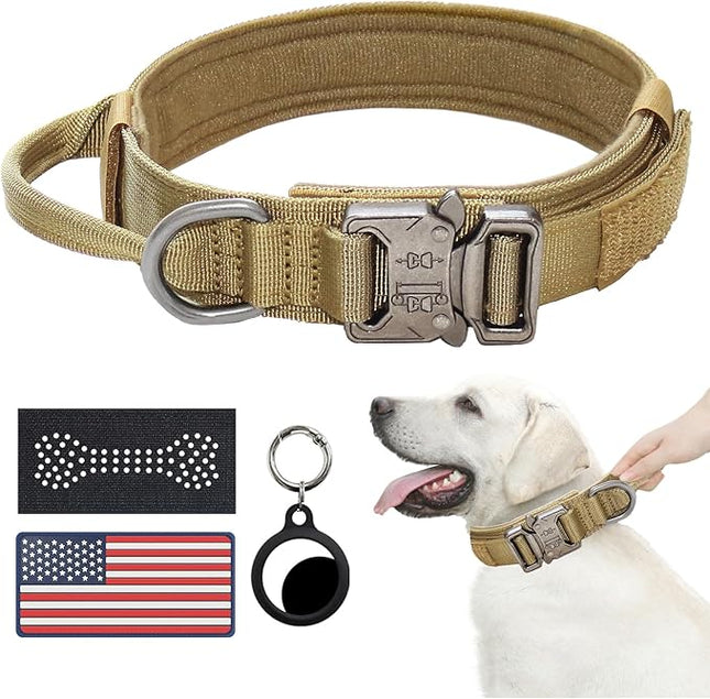 Hotsky Tactical Dog Collar, Adjustable Military Training Nylon Airtag Collar with Handle and Heavy Duty Metal Buckle for Medium Large Dogs, with Airtag Holder and Two Patches（Brown,L）