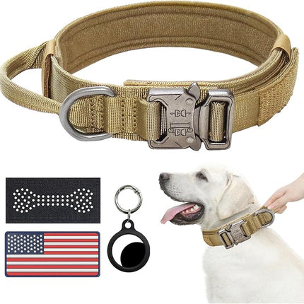 Hotsky Tactical Dog Collar, Adjustable Military Training Nylon Airtag Collar with Handle and Heavy Duty Metal Buckle for Medium Large Dogs, with Airtag Holder and Two Patches（Brown,M）