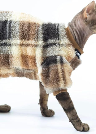 Cat Double-Sided Fleece Clothes, Soft Warm Winter Jumpsuit Sweater Shirt Clothing for Hairless Sphynx, Devon & All Indoor Kittens (Khaki,XL)