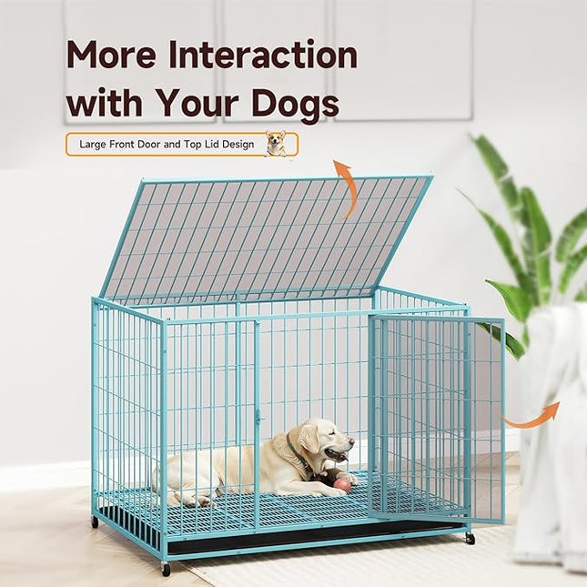 Blue 48 in Metal Wire Dog Crate for Large Dogs with Tray, Double Door, Puppy Dog Playpen for Yard Indoor Outdoor Use,XL Dog Cage Kennel