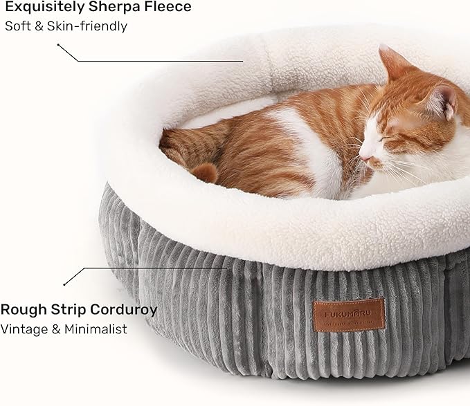 FUKUMARU Cat Bed, Corduroy Round Cat Beds for Indoor Cats, Washable Fluffy Pet Bed for Cats and Puppy, Soft Cute Small Dog Beds, Grey