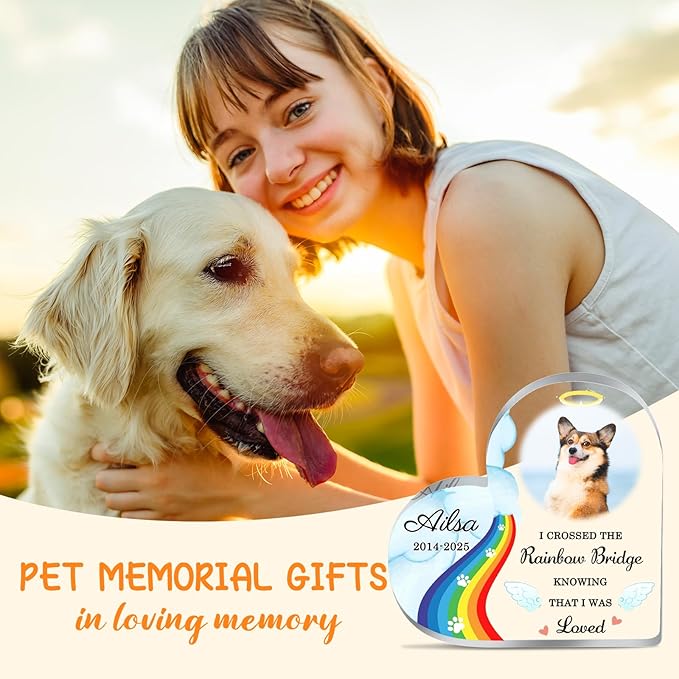 Custom Pet Memorial Plaque Gifts Rainbow Bridge Dog Memorial Gifts Personalized Pet Heart Shape Acrylic Plaque Pets Loss Sympathy Gift Dog Passed Away Gifts Cat Sympathy Bereavement Remembrance Gift