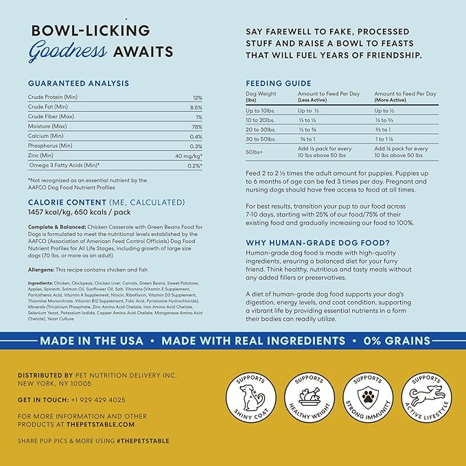 The Pets Table Human-Grade Chicken Casserole Fresh Dog Food, Dog Food Topper or Complete Meal, 9 Count of 34-oz Pouches, 19lbs