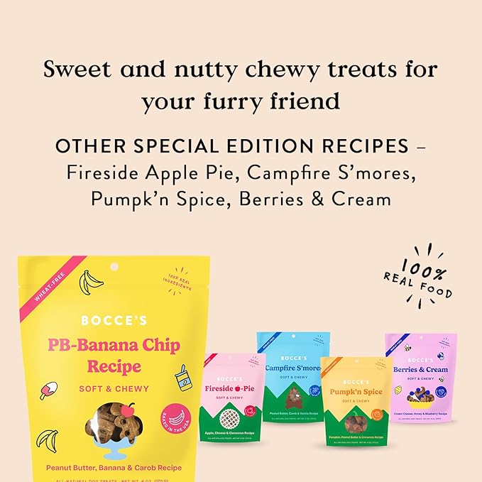 Bocce's Bakery PB Banana Chip Recipe Treats for Dogs, Wheat-Free Everyday Dog Treats, Real Ingredients, Baked in The USA, All-Natural Soft & Chewy Cookies, Peanut Butter, Bananas, & Carob, 6 oz