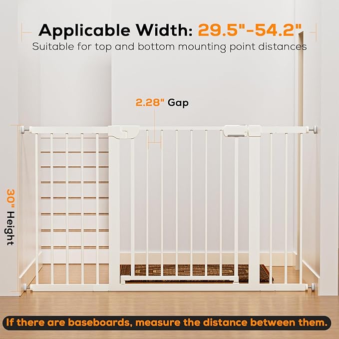 29.5-54.2" Baby Gate for Stairs, Baby Safety Essentials, Auto Close Gate for Doorways, Easy Install Pressure Mounted Dog Gate Indoor, Pet Gates for Dogs, White