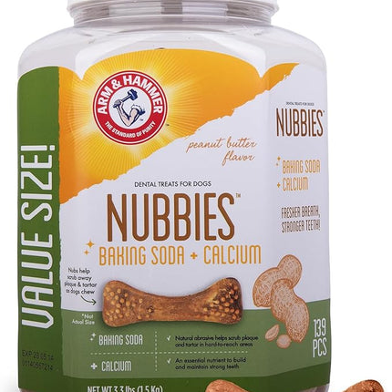 Arm & Hammer for Pets Nubbies Dental Treats for Dogs with Baking Soda and Calcium, Treat Chews Help Fight Bad Breath, Plaque & Tartar, Peanut Butter, Value Bucket, 139 Pcs (Packaging may vary)