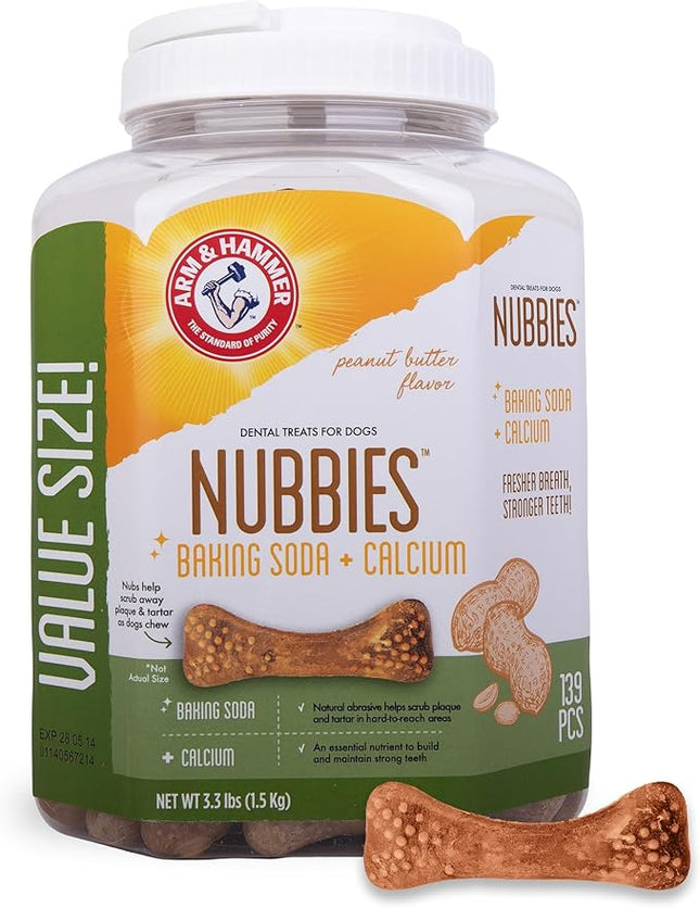 Arm & Hammer for Pets Nubbies Dental Treats for Dogs with Baking Soda and Calcium, Treat Chews Help Fight Bad Breath, Plaque & Tartar, Peanut Butter, Value Bucket, 139 Pcs (Packaging may vary)