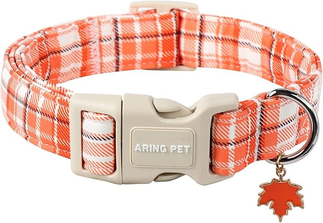 ARING PET Fall Dog Collars, Cute Orange White Plaid Halloween Autumn Pumpkin Maple Leaves Pet Collar with Quick Release Buckle for Small Medium Large Girl Boy Dogs-XS