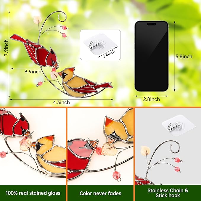 Handmade Cardinal Stained Glass Suncatcher Window Hanging Ornament for Christmas,Mother’s Day,Memorial Gifts,Red Birds Sun Catcher Decorative for Women, Mom, Grandma,Real Glass Unique Design