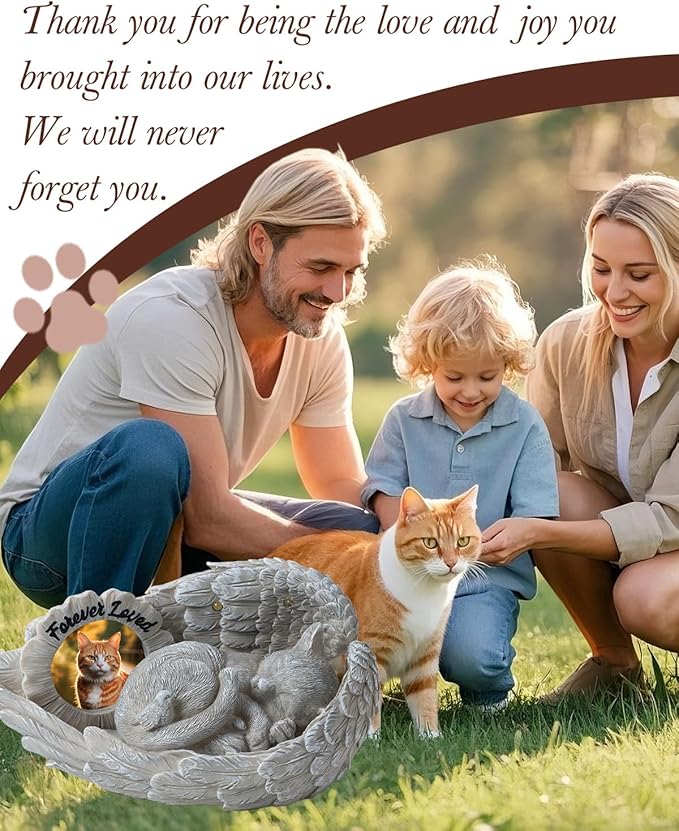 Cat Memorial Gift, Angel Memorial Cat Statue with Photo Frame, Forever My Guardian Angel Garden Solar Light Cats for Pet Memorial Stone