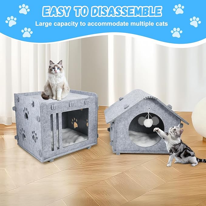 2-Storey Detachable Cat House for Indoor Cats Bed, Covered Beds & Furniture with Washable Cushioned, Cute Modern Condo for Multi Small Pet Large Kitten Kitty, Grey