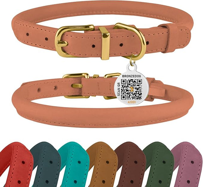 BronzeDog Rolled Leather Dog Collar with QR ID Tag, Adjustable Soft Round Collars for Small Medium Large Dogs Puppy (9" - 11" Neck Size, Peach)