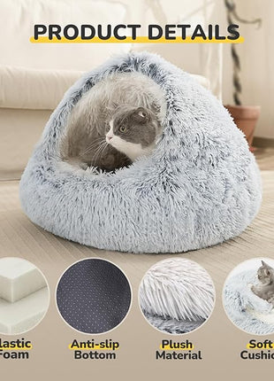 CATISM Cozy Plush Hooded Cat Bed, Indoor/Outdoor, Self-Warming Cave, Removable Washable Non-Slip Bottom