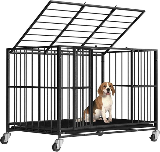 38 Inch Heavy Duty Dog Crate Steel Escape Proof, Dog Kennel Indoor Double Door High Anxiety Cage, Removable Tray, Crate with Wheels,XL