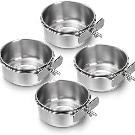 Okllen 4 Pack Bird Feeding Dish Cups, Detachable Stainless Steel Bird Food Bowls with Clamp for Chinchilla Parrot Cockatiel Conure Budgies Parakeet Small Animal